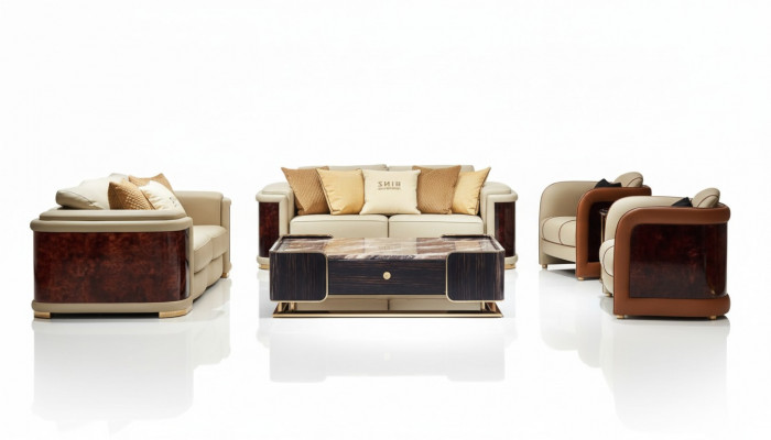 Luxus Wunnzëmmer Garnitur 5tlg. Set Ledersofa Couch Polster Canapé.