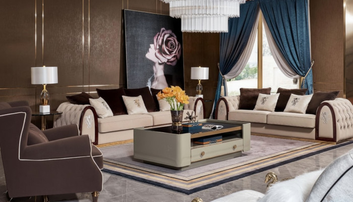 Sofa Chesterfield Beige Stillen Textil Stoff Couchen Luxus Miwwelen 4-Sëtz 295cm