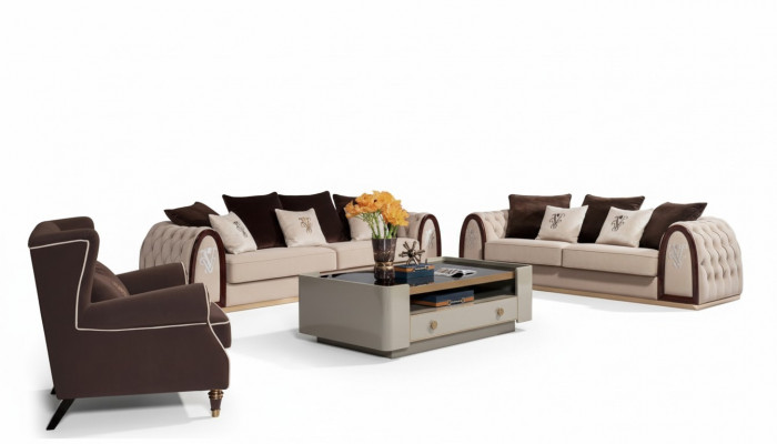 Sofa Chesterfield Beige Stillen Textil Stoff Couchen Luxus Miwwelen 4-Sëtz 295cm