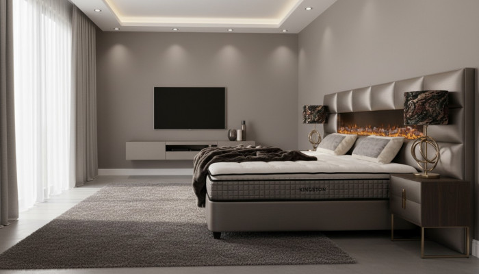 Bett 2x Nuetsdësch 3 tlg. Schlofkummer Set Design Modern Luxus Bettergestell
