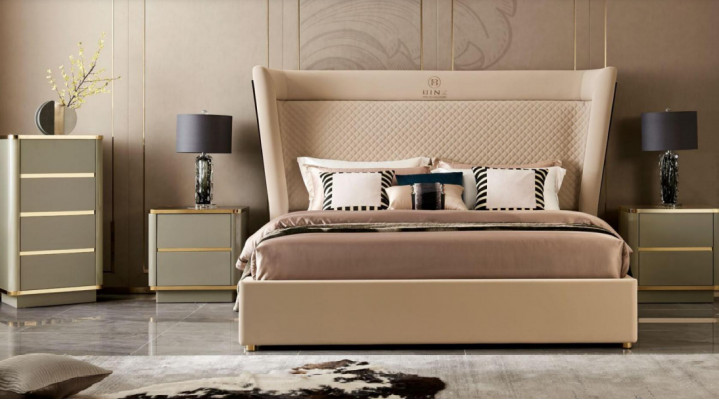 Designer-Schlofzëmmer-Bett 2x Nuetsdëscher Kommode 4-Deeler Set Nei