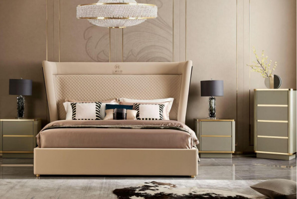 Designer-Schlofzëmmer-Bett 2x Nuetsdëscher Kommode 4-Deeler Set Nei
