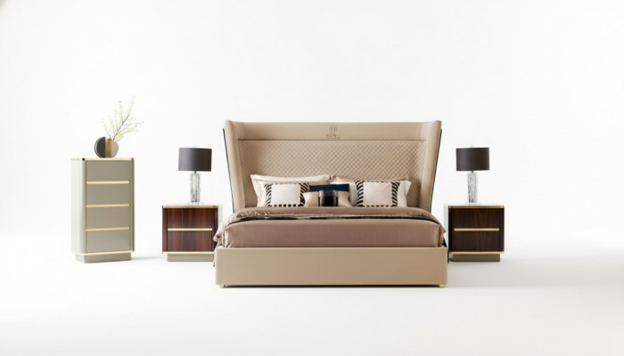 Designer-Schlofzëmmer-Bett 2x Nuetsdëscher Kommode 4-Deeler Set Nei