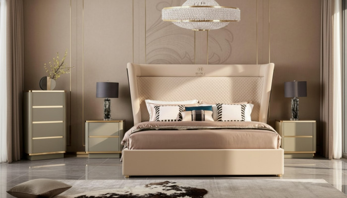Schlofzëmmer Hotel Better Duebel Bett Design Holz Stoff Better 180x200cm