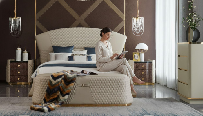 Schlofzëmmer Bett Hocker 2x Nuetsdësch Komplet Setzer Lieder Miwwelen