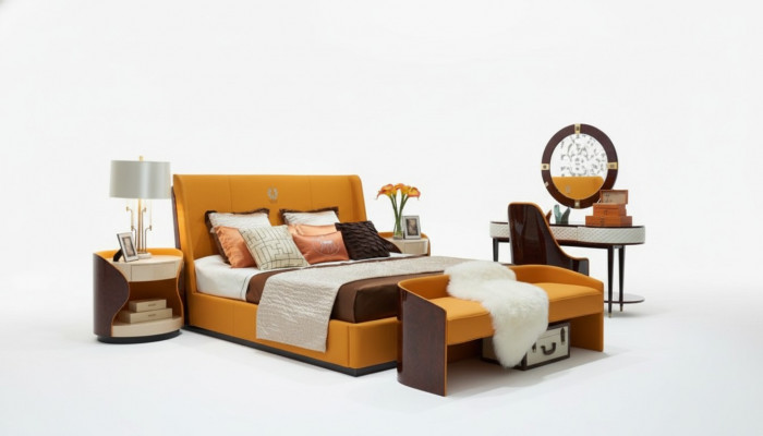 Schlofkummer 7-Teile Set Luxus Miwwelen Bett Hocker Spigel Nuetsschaf Bettgestell