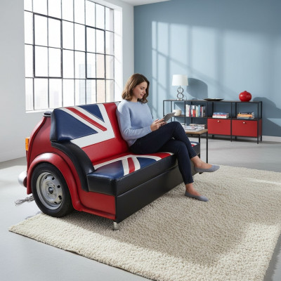 Retro Union Jack Sofa Auto Miwwel Garage Auto Sofa Canapé Couch Polster Zweepëtzer