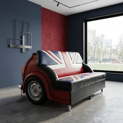 Retro Union Jack Sofa Auto Miwwel Garage Auto Sofa Canapé Couch Polster Zweepëtzer
