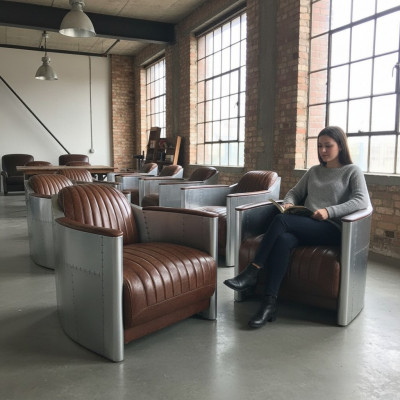Sëtz Echtlieder Canapé Sofa Fliger Club Lounge Retro Aviator Vintage Aluminium