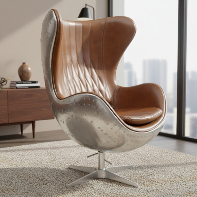 Vintage Fauteuil Aluminium Echtleder Wippfunktioun Eierstull egg Braun
