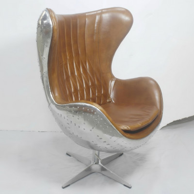Vintage Fauteuil Aluminium Echtleder Wippfunktioun Eierstull egg Braun