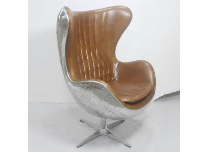Vintage Fauteuil Aluminium Echtleder Wippfunktioun Eierstull egg Braun
