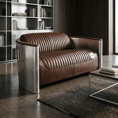 Echt Lieder Aluminium Sofa 2-Sëtzer Vintage Lieder Miwwelen Lieder Sofa Clubsofa Canapé