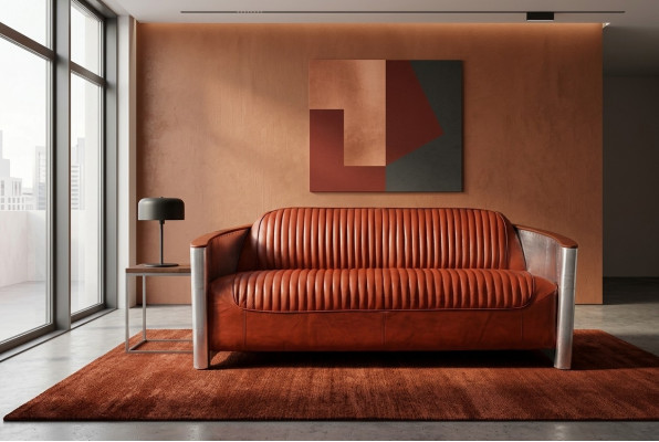 Echthelleder Design Vintage Designsofa dräifach Aluminium Sofa 3-Sëtzer Bordaux