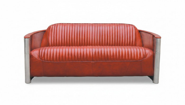 Echthelleder Design Vintage Designsofa dräifach Aluminium Sofa 3-Sëtzer Bordaux