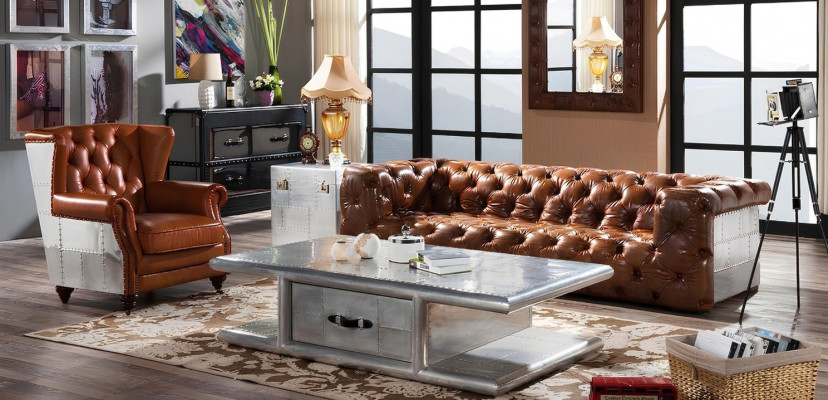 Ledersofa Sofa 3 Sëtz Vintage Lieder Miwwelen Dräisëtzer Canapé Aluminium Canapéen