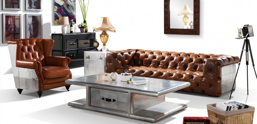 Ledersofa Sofa 3 Sëtz Vintage Lieder Miwwelen Dräisëtzer Canapé Aluminium Canapéen