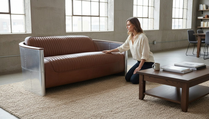 Design Club 3 Sëtzer Sofa Ledersofa Dräisëtzer Vintage Lieder Aluminium Couchen
