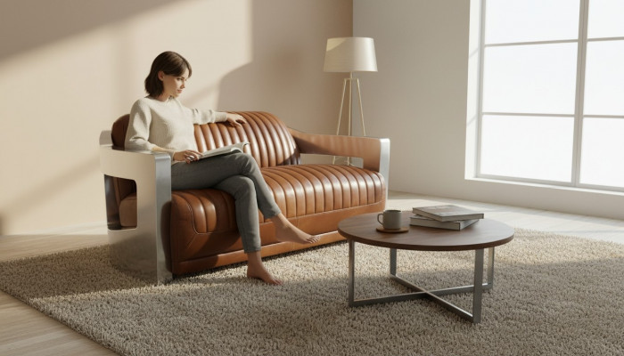 Sofa Vintage 2-Sëtzer Ledersofa am Retro Stil Echtlieder Aluminium Nieten Miwwelen