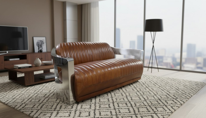 Sofa Vintage 2-Sëtzer Ledersofa am Retro Stil Echtlieder Aluminium Nieten Miwwelen