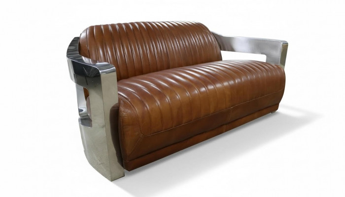Sofa Vintage 2-Sëtzer Ledersofa am Retro Stil Echtlieder Aluminium Nieten Miwwelen