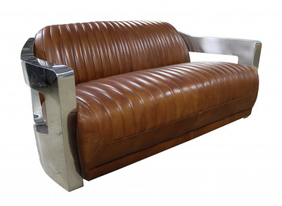 Sofa Vintage 2-Sëtzer Ledersofa am Retro Stil Echtlieder Aluminium Nieten Miwwelen