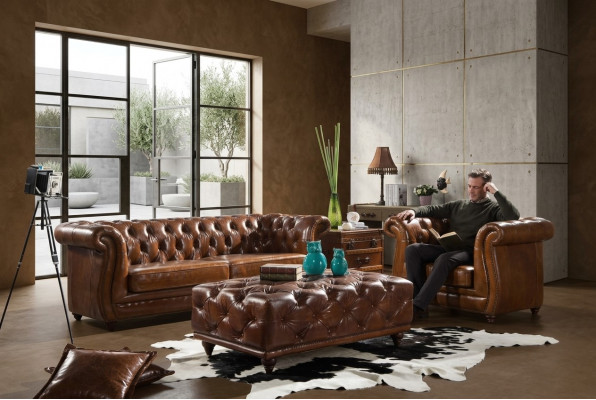 Design Clubcouch 3 Sëtzer Sofa Ledersofa Dräisëtzer Vintage Lieder NEI