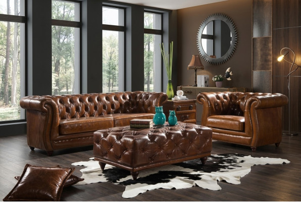 Design Clubcouch 3 Sëtzer Sofa Ledersofa Dräisëtzer Vintage Lieder NEI