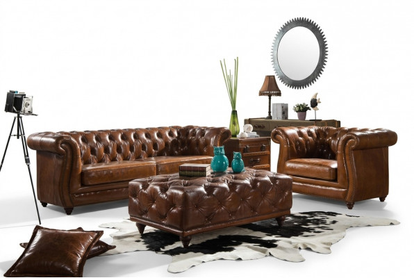 Design Clubcouch 3 Sëtzer Sofa Ledersofa Dräisëtzer Vintage Lieder NEI