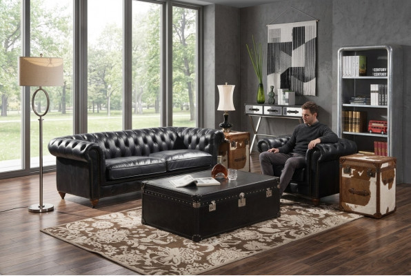 Chesterfield Sofa 3-Sëtzer mat Fotell Schwaarz Vintage Lieder Miwwelen Stil 2-Deeler. Neit