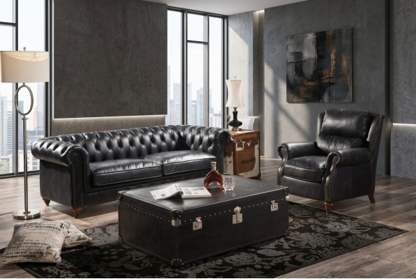 Chesterfield Sofa 3-Sëtzer mat Fotell Schwaarz Vintage Lieder Miwwelen Stil 2-Deeler. Neit