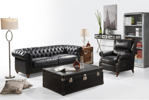 Chesterfield Sofa 3-Sëtzer mat Fotell Schwaarz Vintage Lieder Miwwelen Stil 2-Deeler. Neit