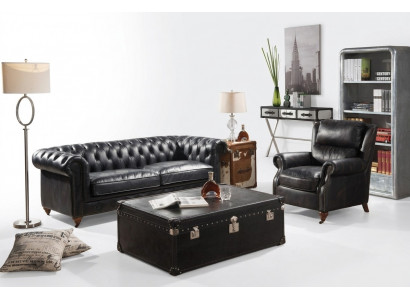 Chesterfield Sofa 3-Sëtzer mat Fotell Schwaarz Vintage Lieder Miwwelen Stil 2-Deeler. Neit