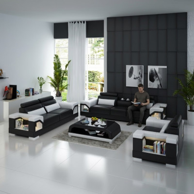 Ledercouch Sofasett 321 Design Modern Sofa USB Sëtzer Sofen