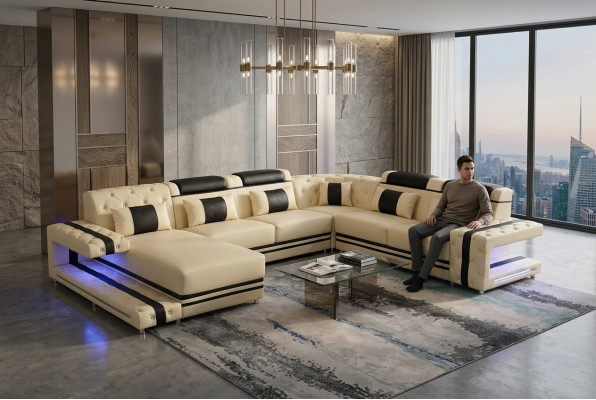 Liederpolster Sëtz Design Modern Eck Garnitur Sofa Wunnlandschaft U Form USB LED