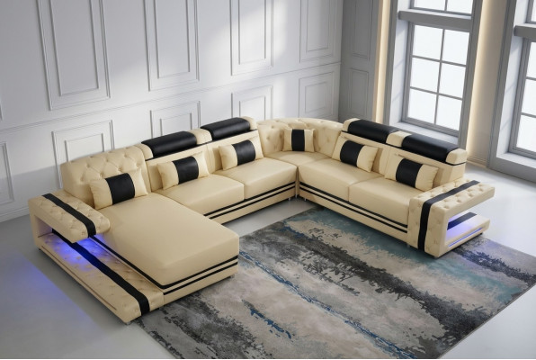 Liederpolster Sëtz Design Modern Eck Garnitur Sofa Wunnlandschaft U Form USB LED