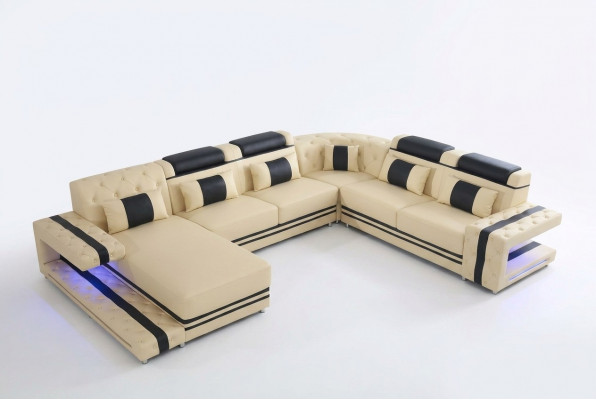 Liederpolster Sëtz Design Modern Eck Garnitur Sofa Wunnlandschaft U Form USB LED