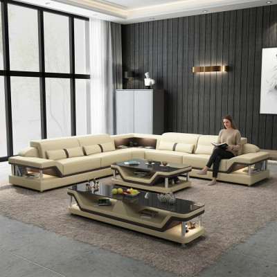 Ecksofa schwaarz mat Salonsdësch 3tlg. Wunnzëmmer Ledersofa Set Eckgarnitur Dësch