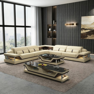 Ecksofa schwaarz mat Salonsdësch 3tlg. Wunnzëmmer Ledersofa Set Eckgarnitur Dësch