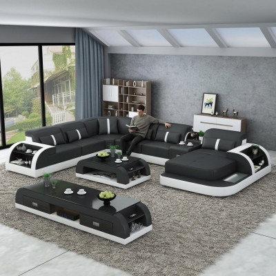 Garnitur Design Wunnlandschaft Ecksofa Sofa Canapé U-Form Dësch Lieder 2tlg. Sets