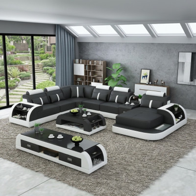 Garnitur Design Wunnlandschaft Ecksofa Sofa Canapé U-Form Dësch Lieder 2tlg. Sets