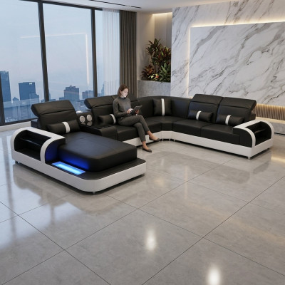 Modern schwaarz-wäiss Eckgarnitur Sofa Polster Eckcouch Couch U-Form Sofas LED nei