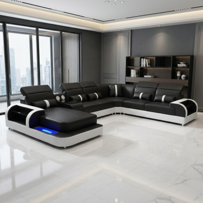 Modern schwaarz-wäiss Eckgarnitur Sofa Polster Eckcouch Couch U-Form Sofas LED nei