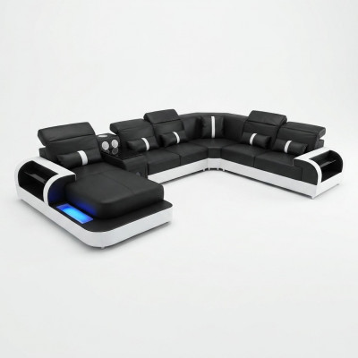 Modern schwaarz-wäiss Eckgarnitur Sofa Polster Eckcouch Couch U-Form Sofas LED nei