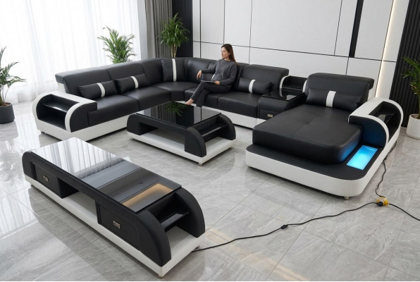 Eckcouch Polster Eckcouch U Form Couchtisch Sideboard Ledercouch Wunnlandschaft Nei