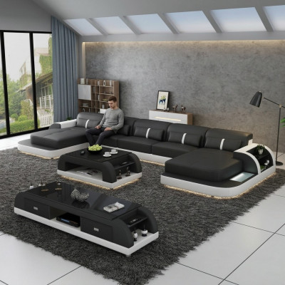 Ecksofa Ledersofa mat USB Grouss U-Form Wunnlandschaft Sofa Couch Garnitur Lieder nei