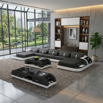 Ecksofa Ledersofa mat USB Grouss U-Form Wunnlandschaft Sofa Couch Garnitur Lieder nei