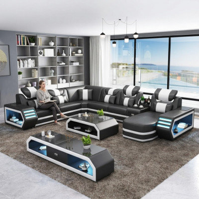 Polster Ecksofa Ongewéinlech Wunnlandschaft Eckgarnitur Couches Sofas USB LED