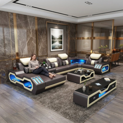 Ecksofa U-Form Dësch aus Lieder Couch Designersofa 2tlech Set mat LED USB.