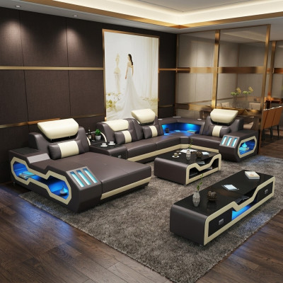 Ecksofa U-Form Dësch aus Lieder Couch Designersofa 2tlech Set mat LED USB.